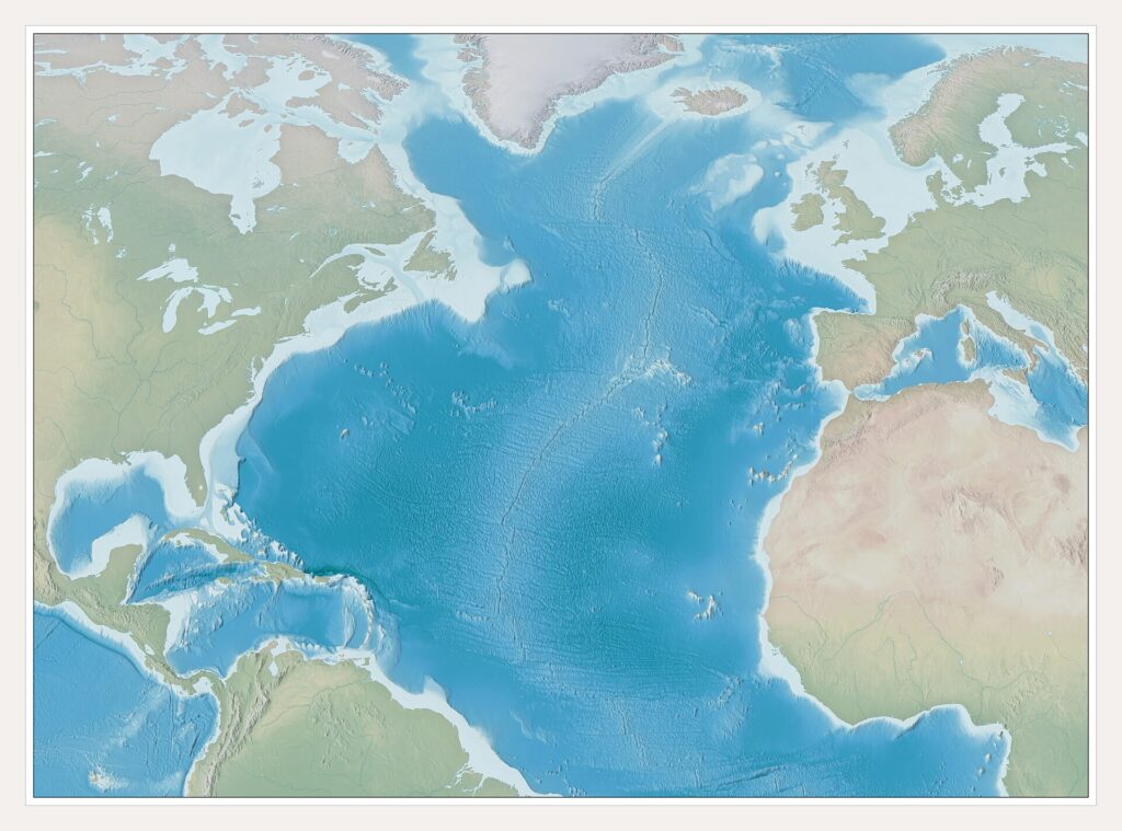 Shaded relief map of the North Atlantic seafloor showing the Mid-Atlantic Ridge