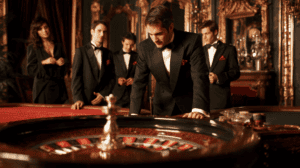 Naivety and money. Casino Monte Carlo style beautiful women and men in tuxedos